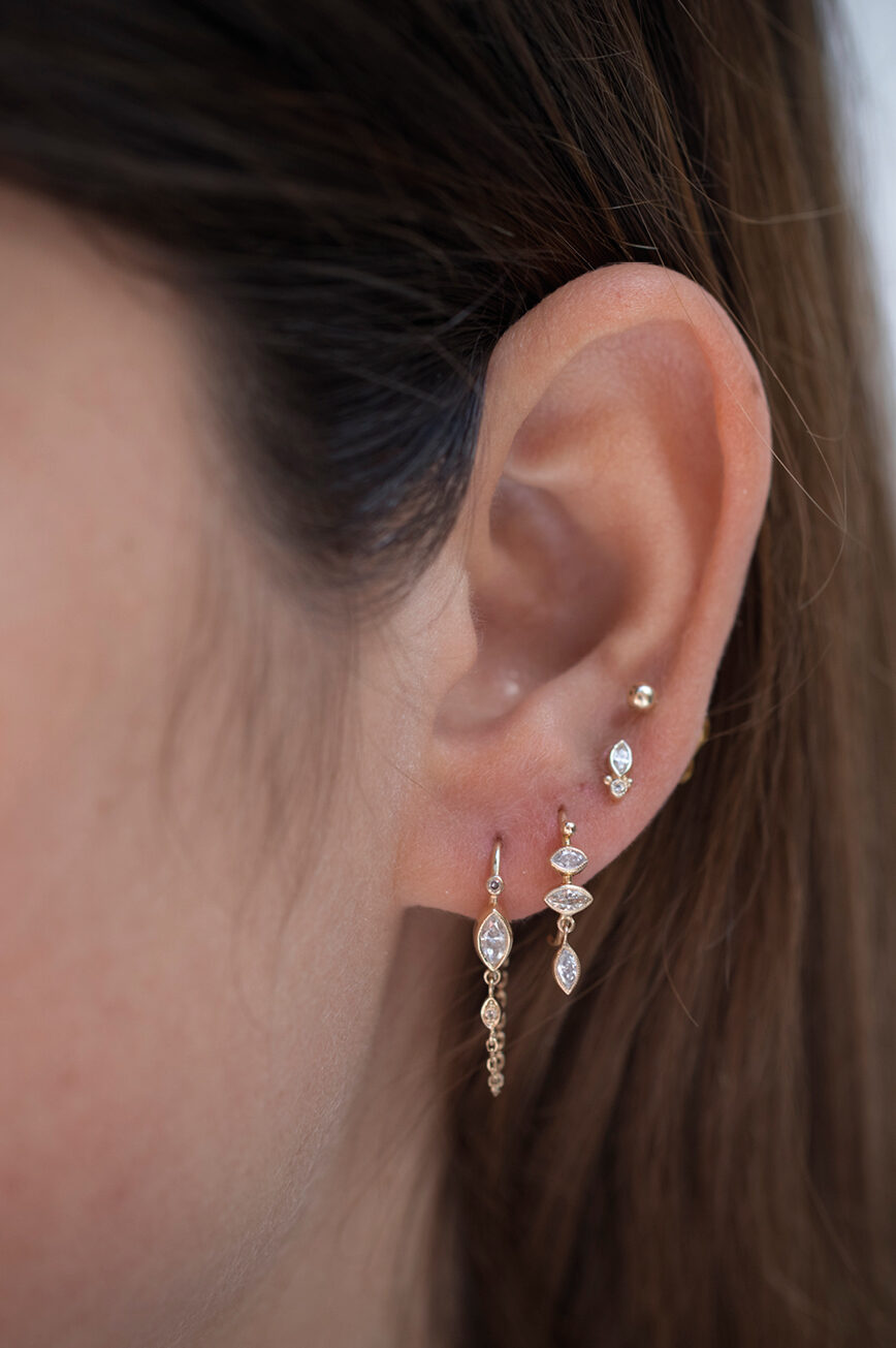 Yellow gold single stud earring marquise diamond leaf diamond accent Celine Daoust