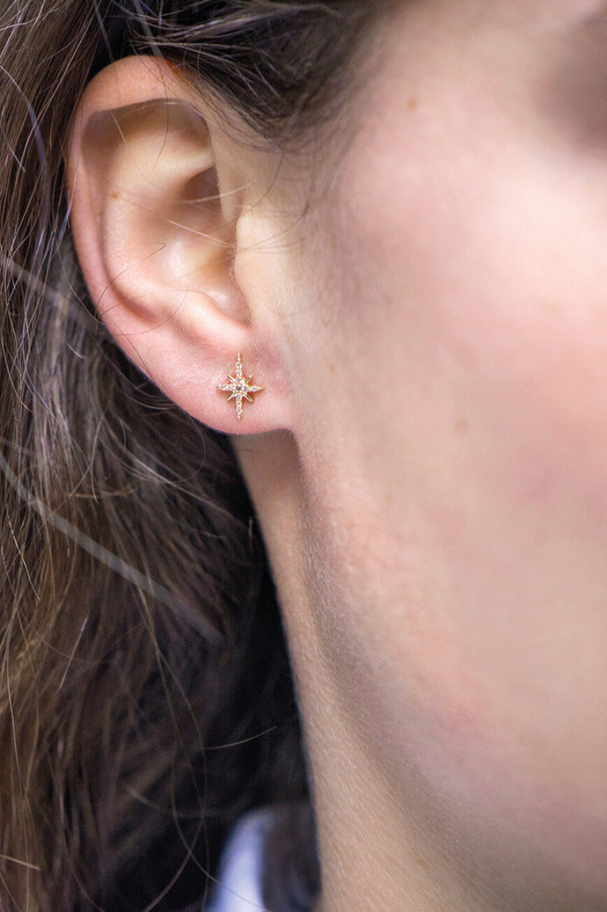 rose gold stud earrings each featuring an eight-pointed north star set with round brilliant diamonds at the center