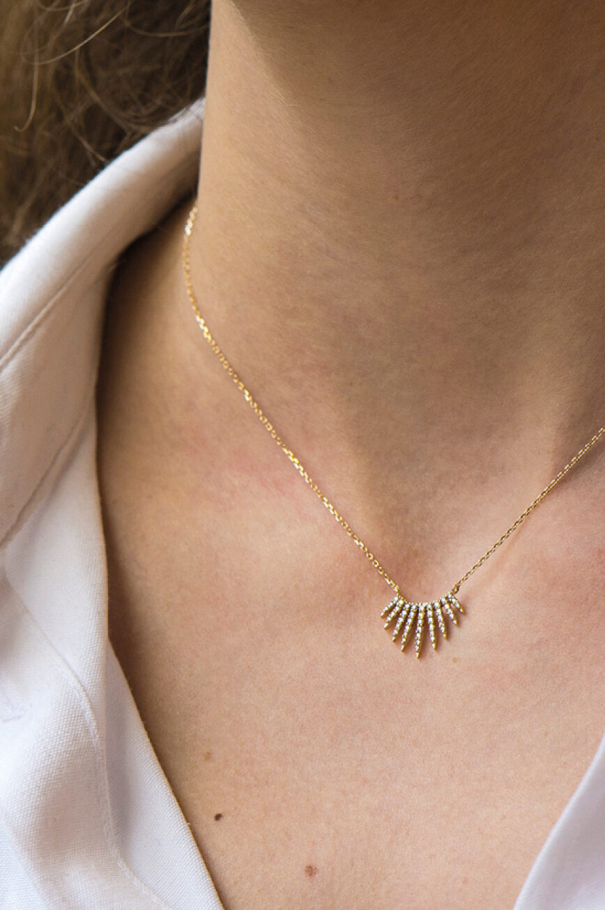 Yellow gold necklace sun ray diamond pavé pendant delicate chain Celine Daoust