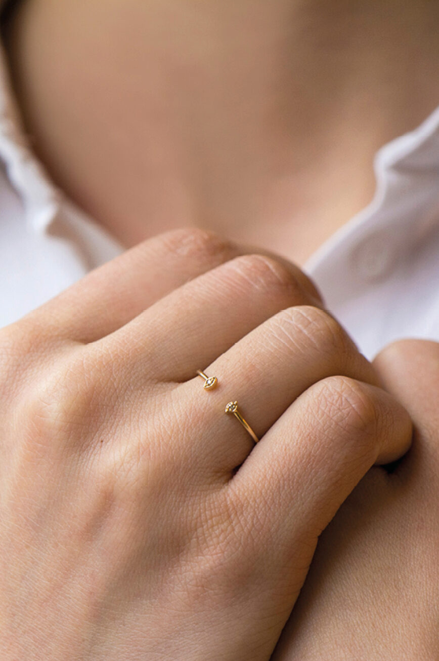 Yellow gold open ring two marquise diamond eye motifs slim band Celine Daoust