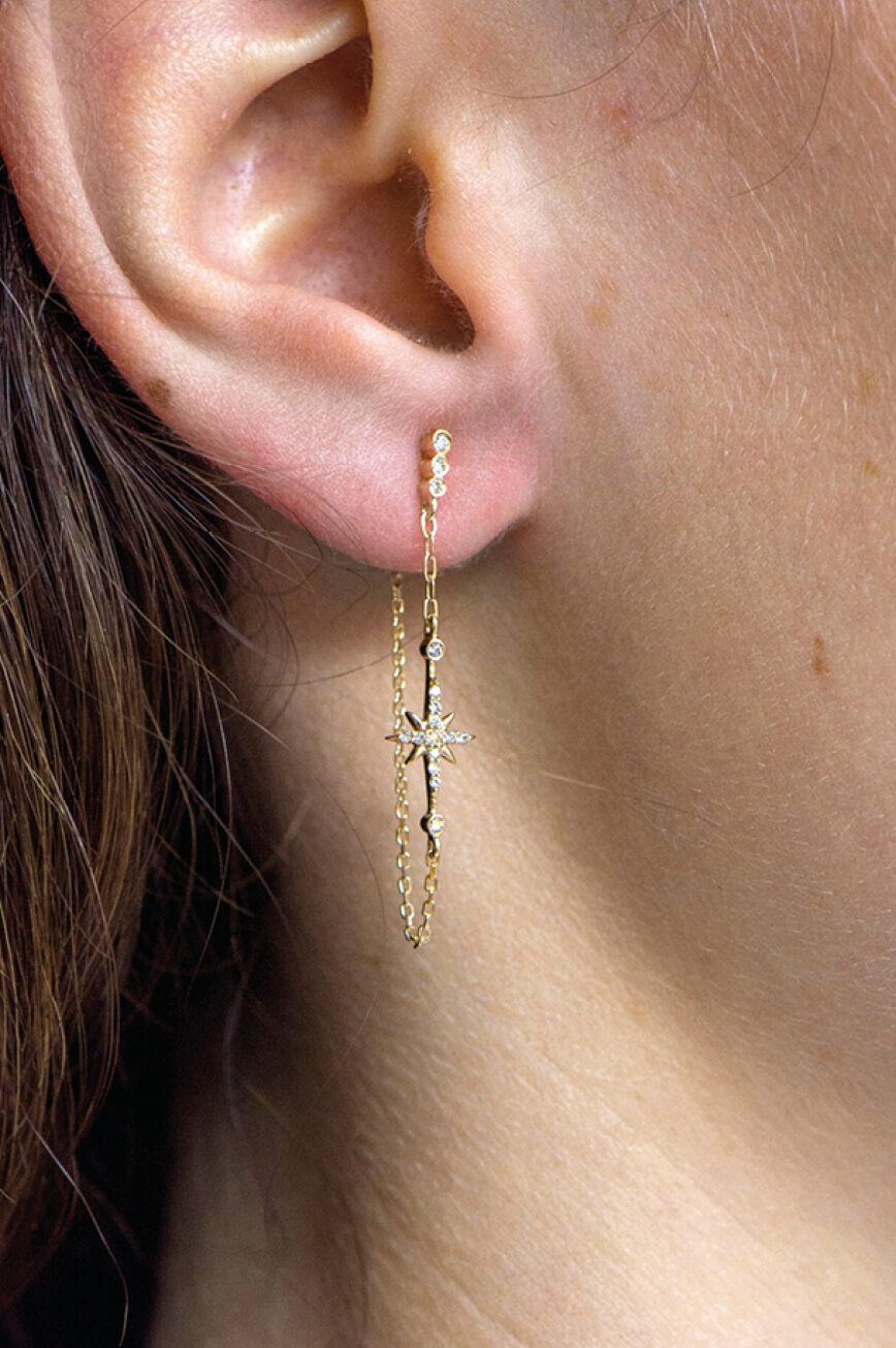 Yellow gold long chain earrings north star diamond charm drops pair Celine Daoust