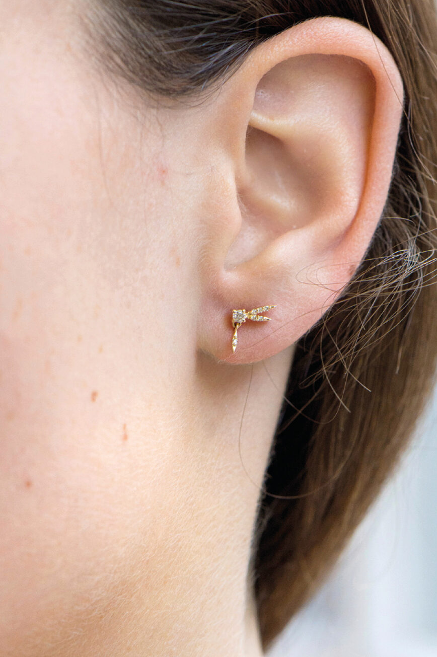 Yellow gold stud earrings sculpted dragonfly motif diamond accents pair Celine Daoust