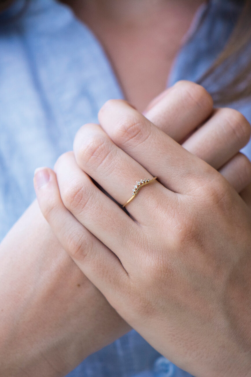 Yellow gold ring curved diamond crown motif slim band Celine Daoust