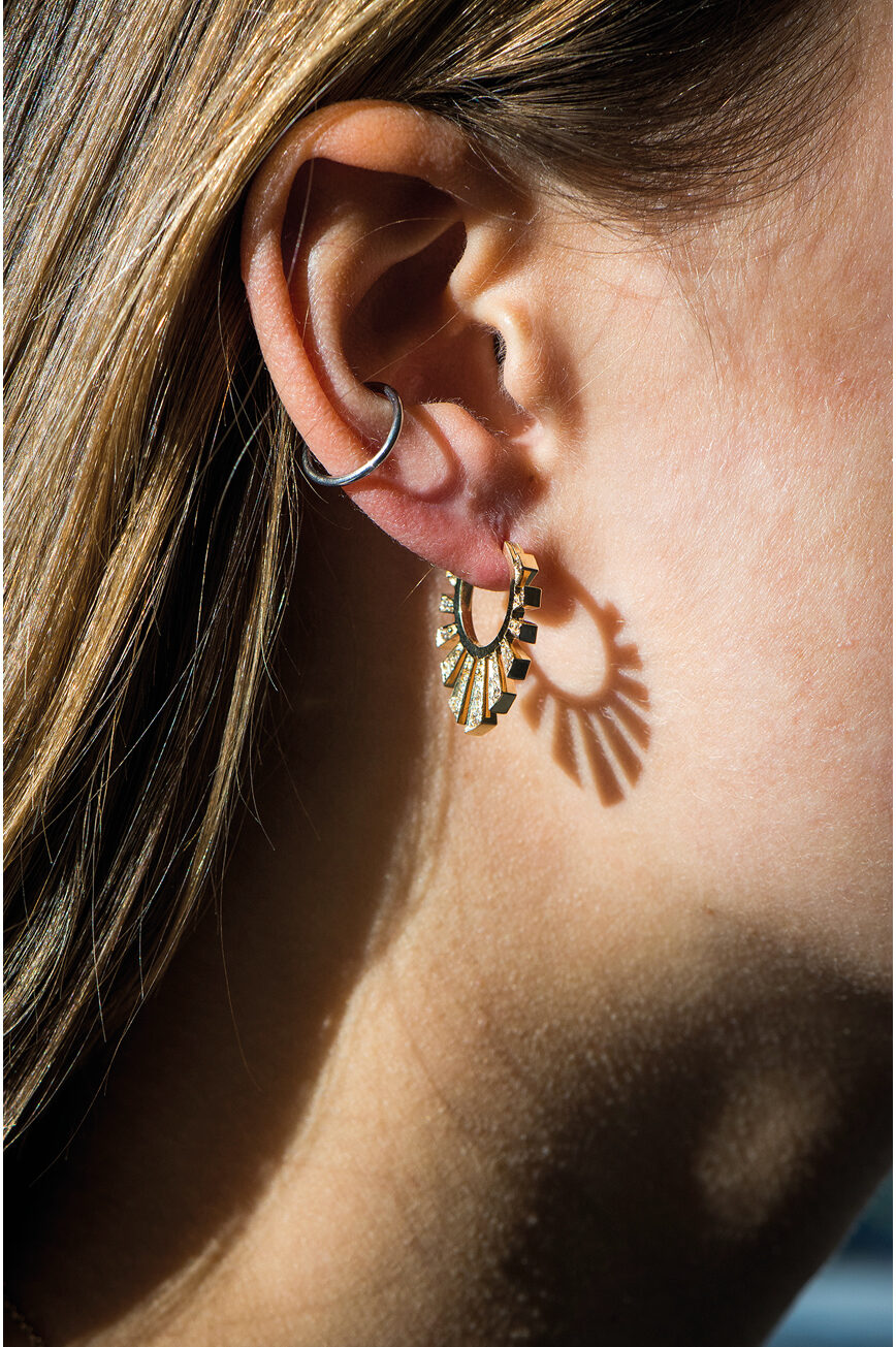 Yellow gold open hoop earrings aztec sun ray diamond pavé pair Celine Daoust