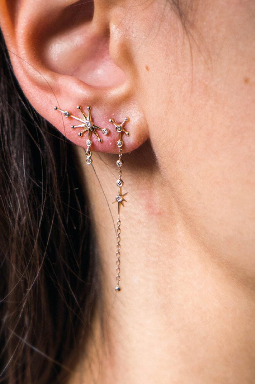 Yellow gold stud earrings starburst diamond constellation dangling drops pair Celine Daoust