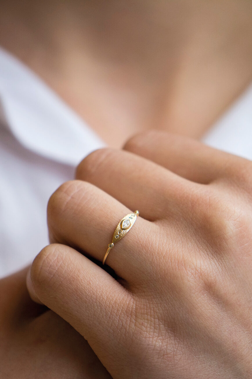 Yellow gold ring round diamond open sun ray eye engraved motif band Celine Daoust