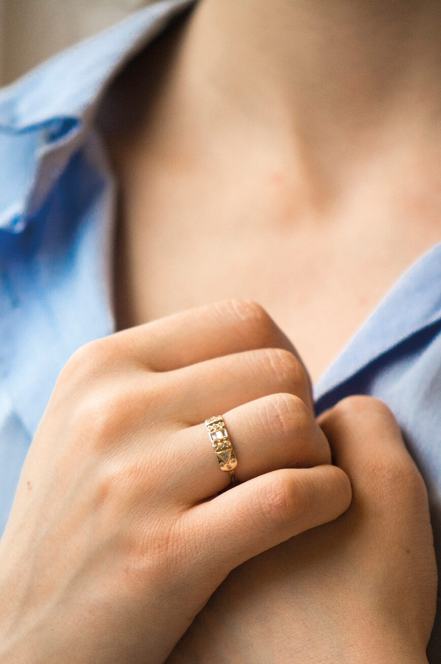 Yellow gold wide band ring baguette triangle diamond totem motifs Celine Daoust
