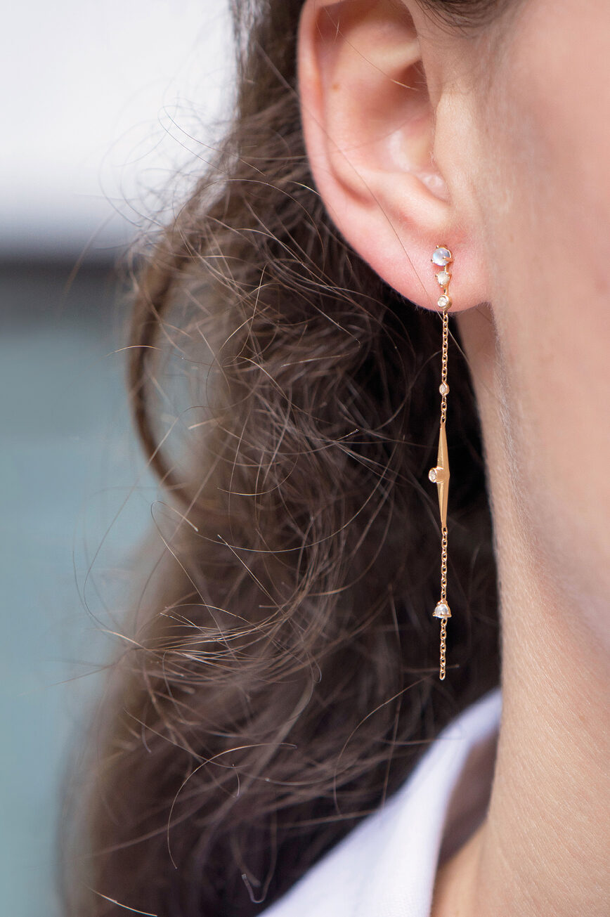 Yellow gold long chain earrings moonstone diamond bar drops pair Celine Daoust