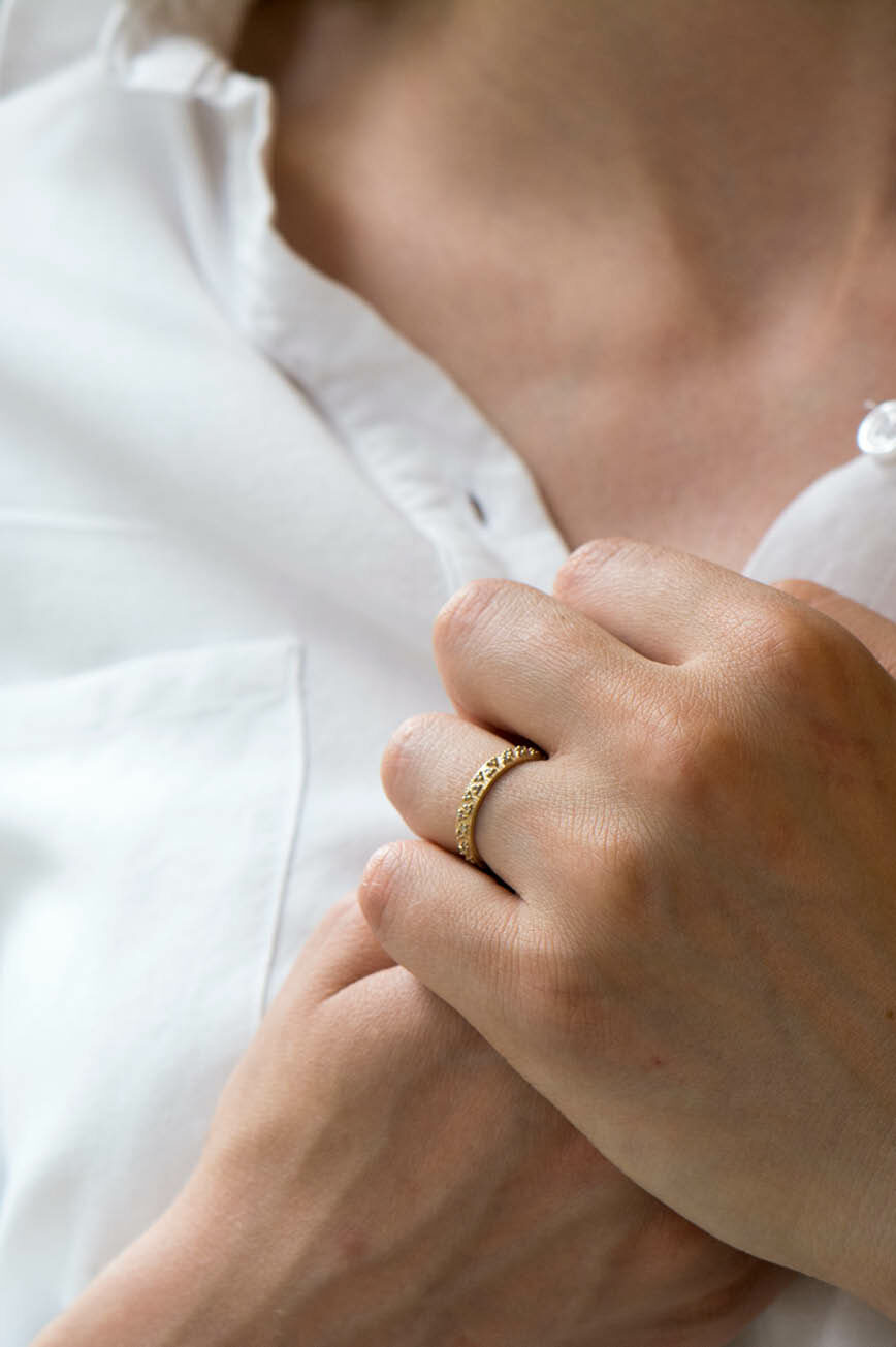 Yellow gold wide band ring multiple triangle diamond geometric pavé setting Celine Daoust