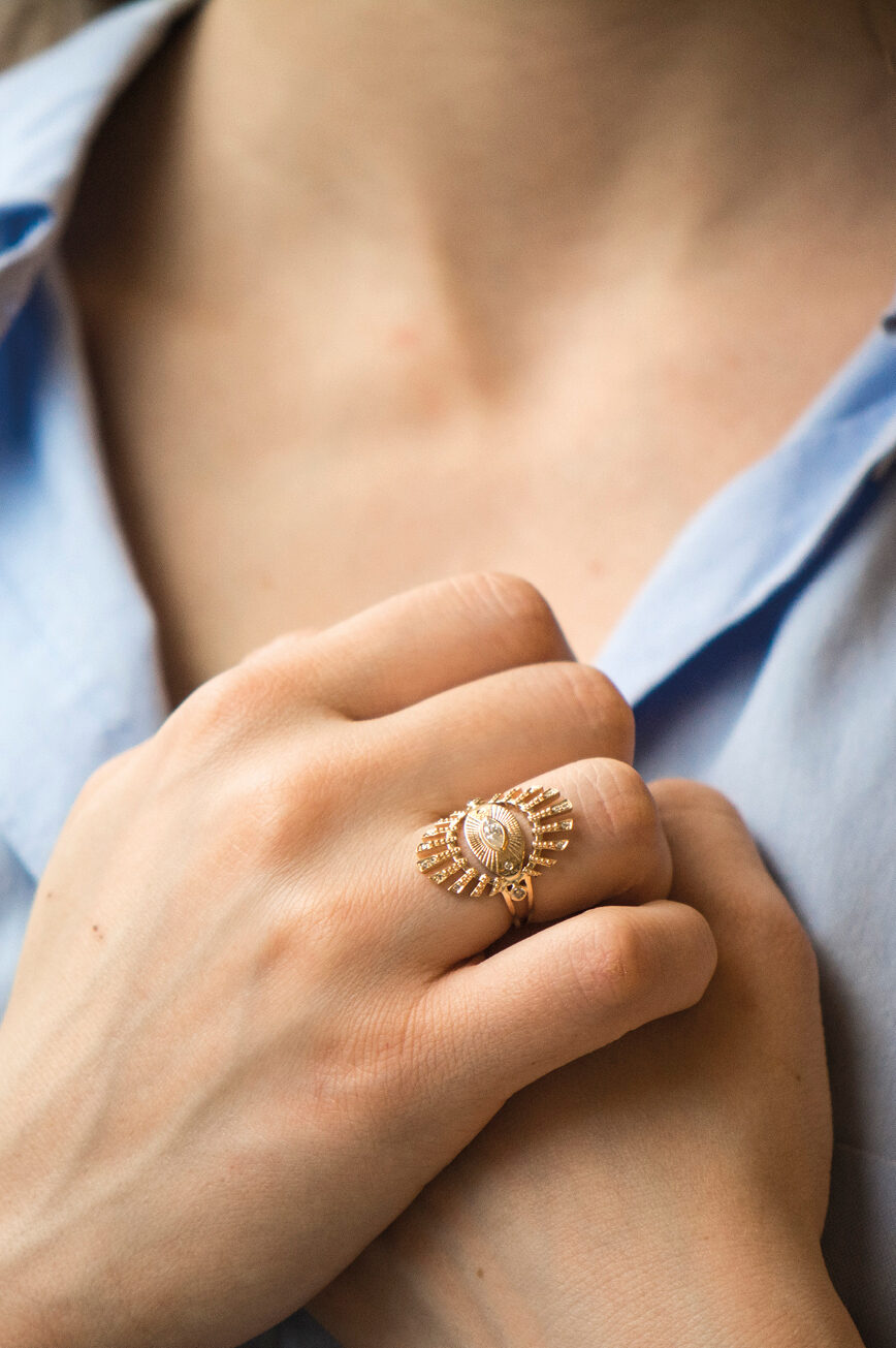 Yellow gold wide ring marquise diamond sun eye open beams pavé diamond Celine Daoust
