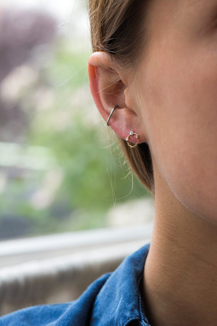 Yellow gold single stud earring round moonstone diamond open circle chain drop Celine Daoust