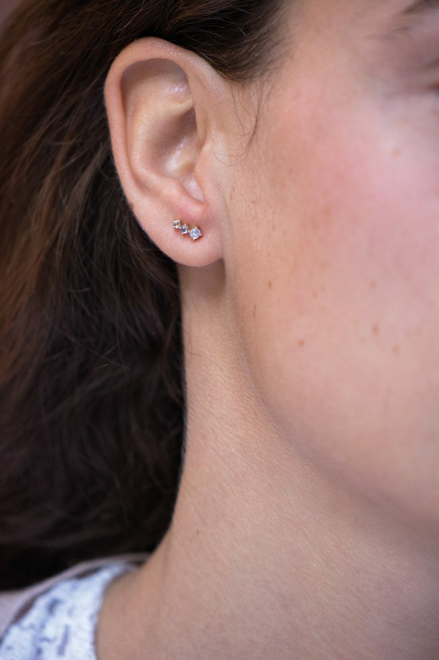 Gold stud earrings two oval moonstones one diamond trio Céline Daoust