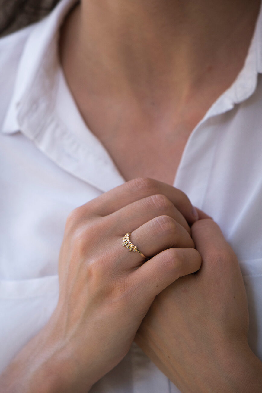 Yellow gold wide band ring multiple baguette diamond irregular crown motif Celine Daoust