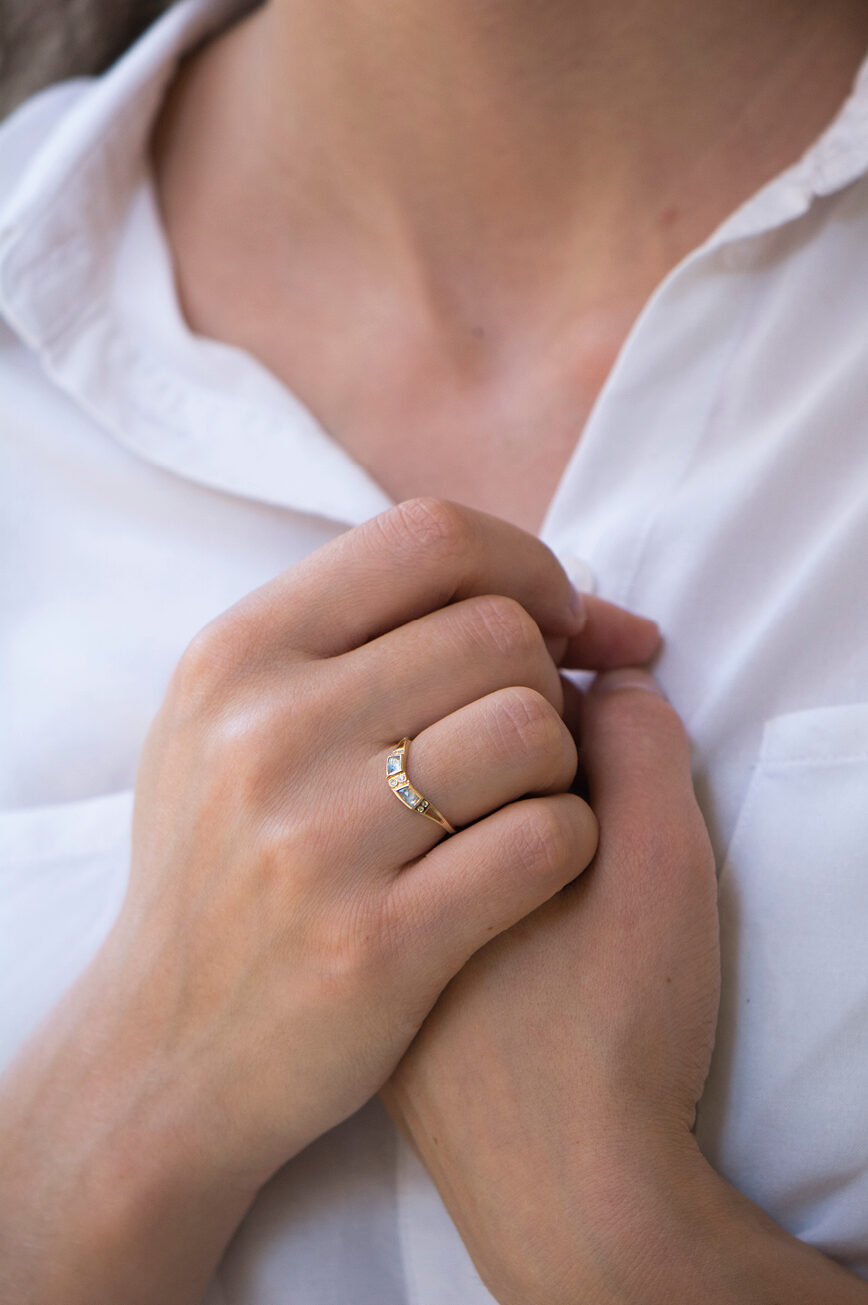 Gold curved band ring baguette moonstone diamond accents Céline Daoust