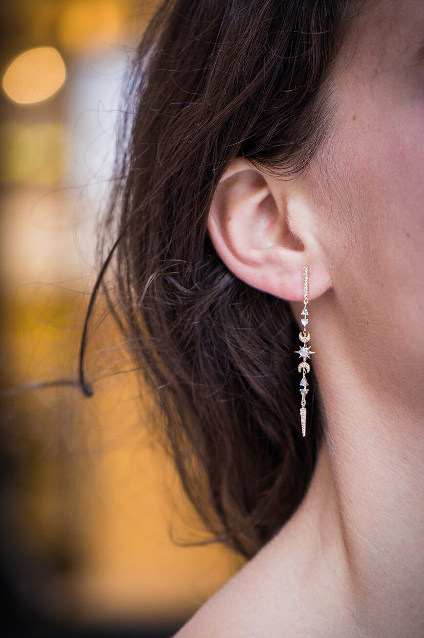 Yellow gold long drop earrings moonstone diamond star moon spike drops pair Celine Daoust