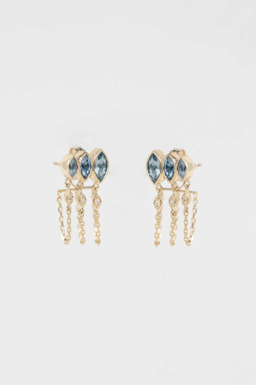 yellow gold drop earrings each with three marquise-cut aquamarines, suspending three fine gold chains with small diamond drops