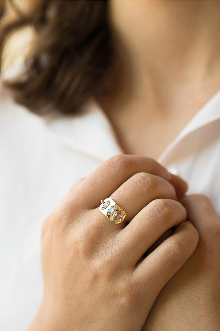 Solid gold wide band ring three marquise moonstones bezel set Céline Daoust