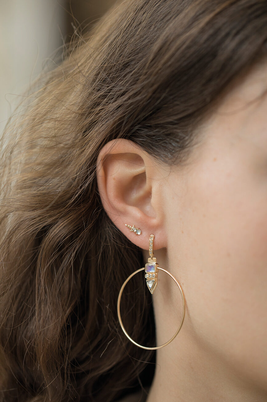 Yellow gold single large hoop earring moonstone diamond pendant ring drop Celine Daoust