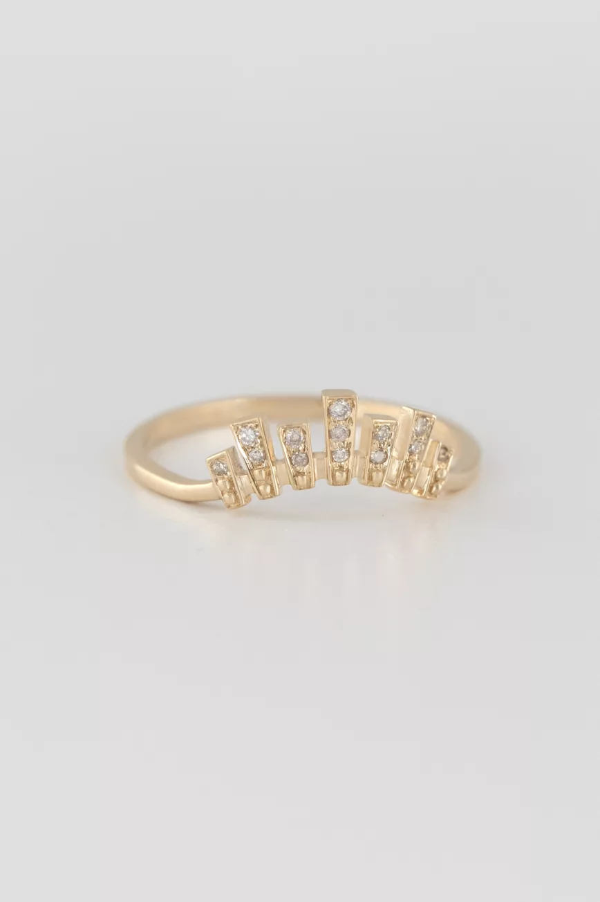 Yellow gold wide band ring multiple baguette diamond irregular crown motif Celine Daoust