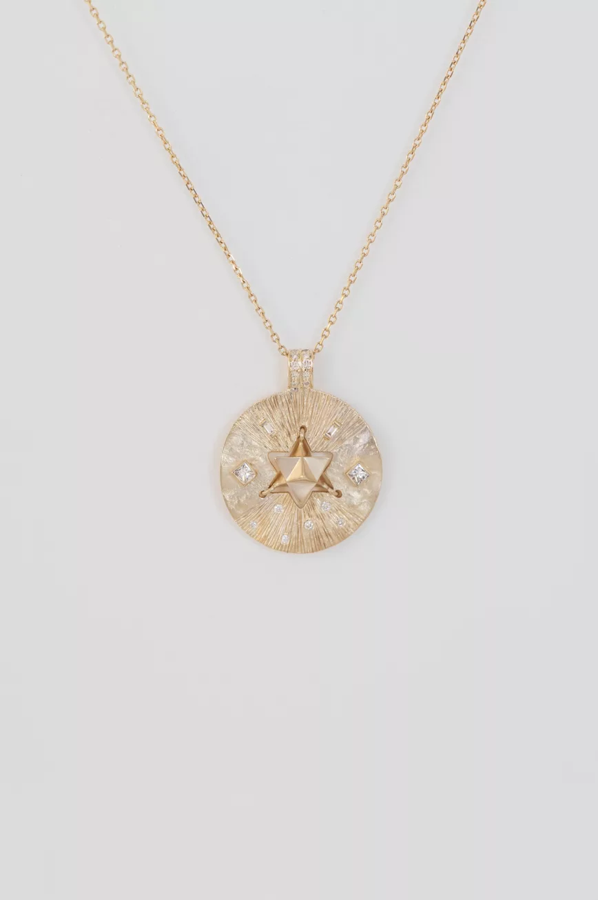 Yellow gold necklace round medal pendant diamond star merkabah motif chain Celine Daoust