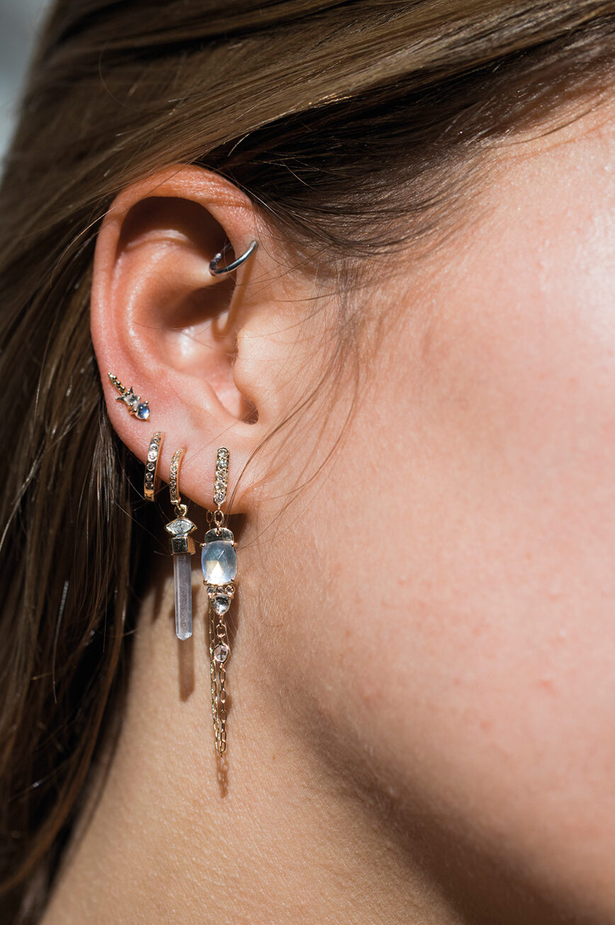 Yellow gold single long chain earring oval moonstone dangling diamond point drop Celine Daoust