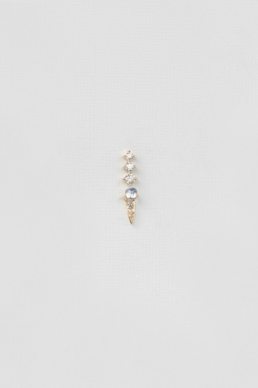 Yellow gold single stud earring three moonstone diamond linear drop Celine Daoust