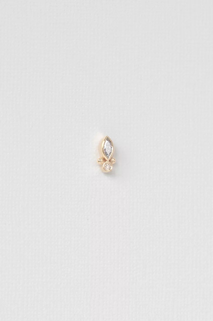 Yellow gold single stud earring marquise diamond leaf diamond accent Celine Daoust
