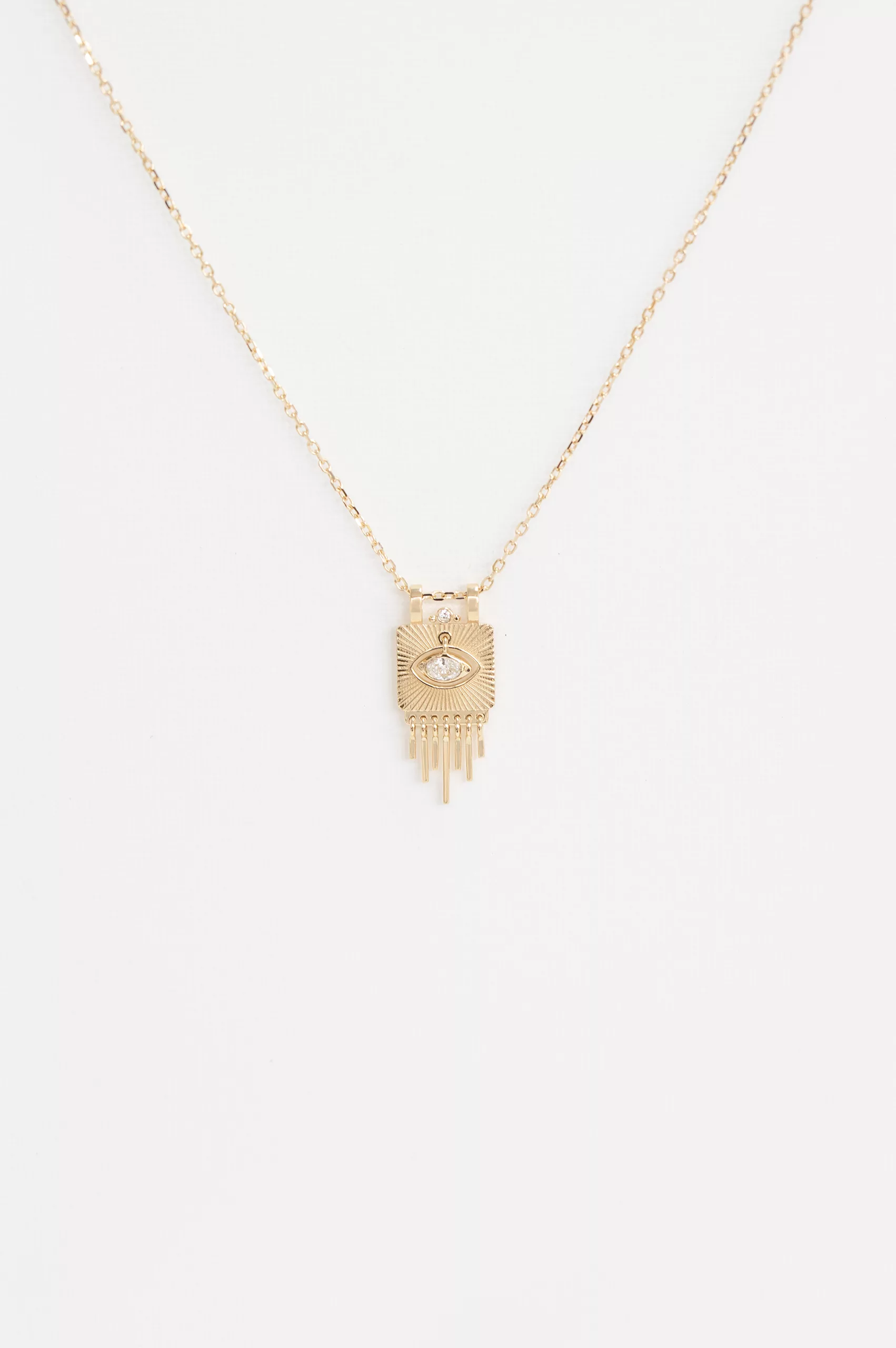 Yellow gold necklace solid plate pendant engraved sunbeams dangling eye diamond chain Celine Daoust
