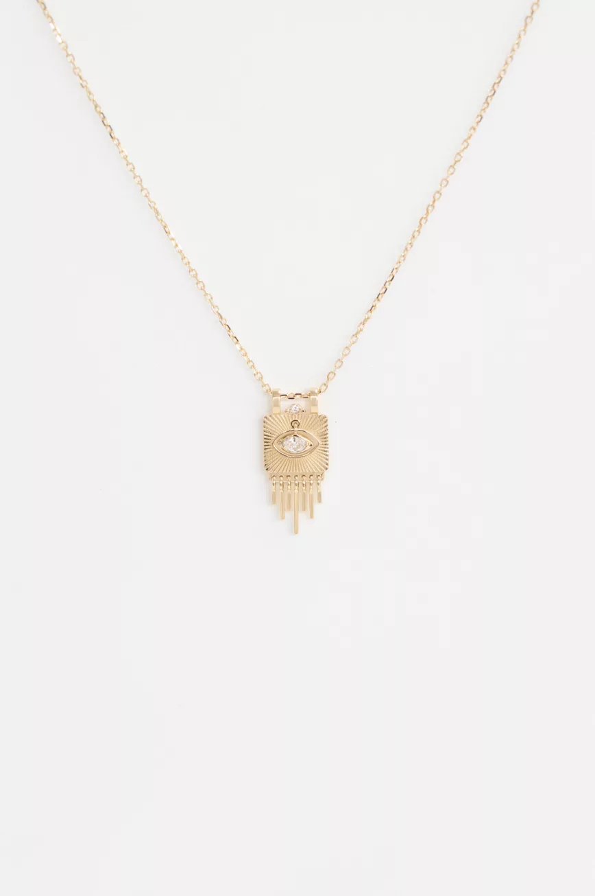 Yellow gold necklace solid plate pendant engraved sunbeams dangling eye diamond chain Celine Daoust