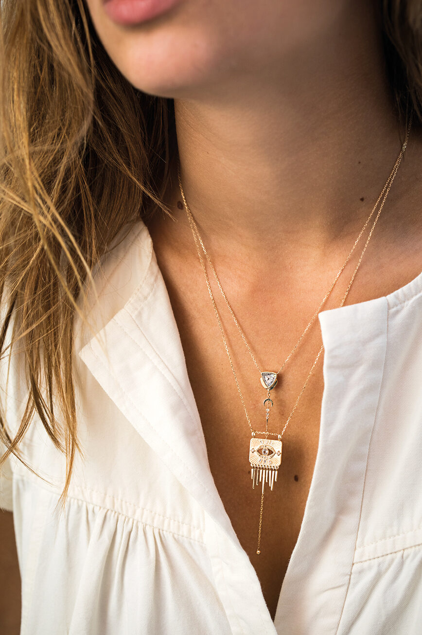 Yellow gold necklace solid gold plate pendant eye motif white sapphire diamond accents Celine Daoust