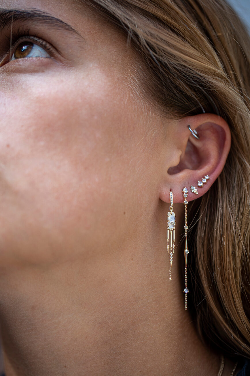 Celine Daoust Moonstone Power Yellow Gold Moonstones and Dangling Details and Diamonds Set Earrings