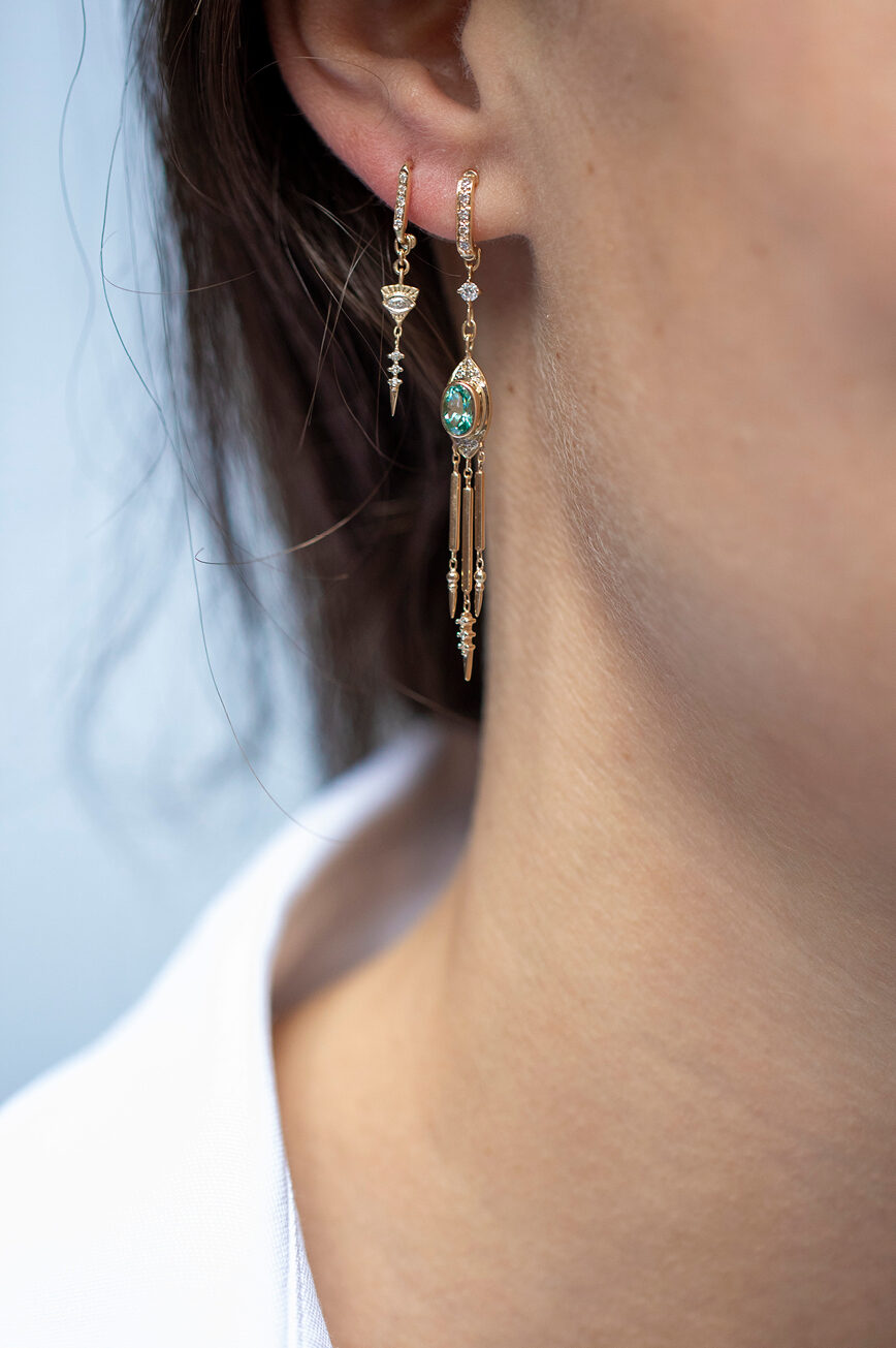 Gold hoop earrings marquise sapphire eye motif diamond spike drops Céline Daoust