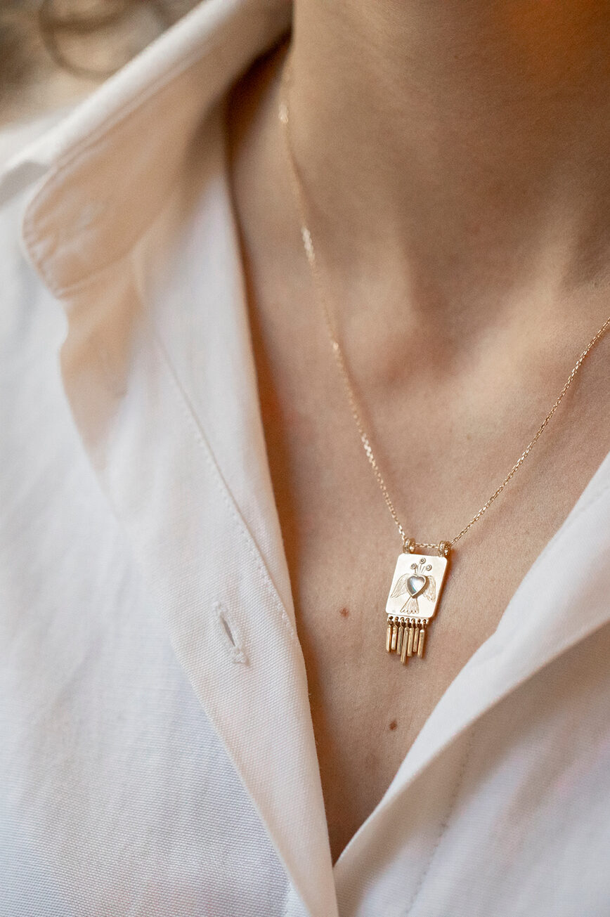 Yellow gold necklace rectangular solid plate pendant heart moonstone diamond fringe Celine Daoust