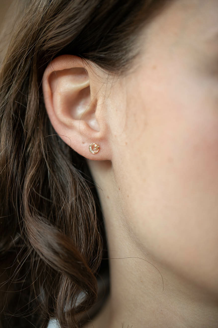 Yellow gold stud earrings moon crescent diamond merkabah motif pair Celine Daoust