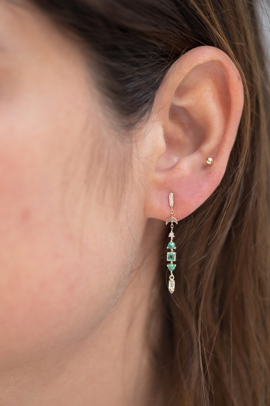 Yellow gold long drop earrings emerald diamond totem moon charm fringe pair Celine Daoust
