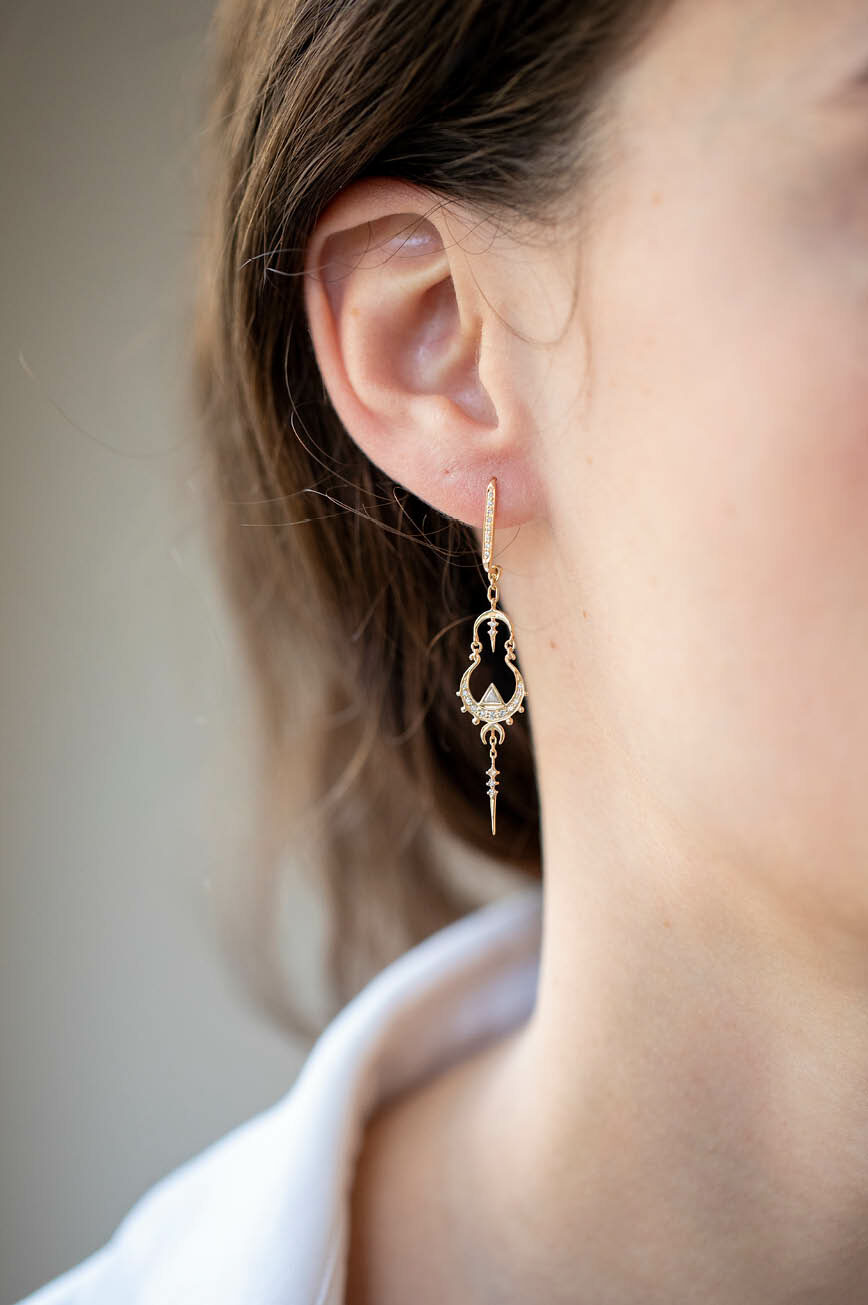 Yellow gold long drop earrings triangle diamond mandala motif spike drop pair Celine Daoust