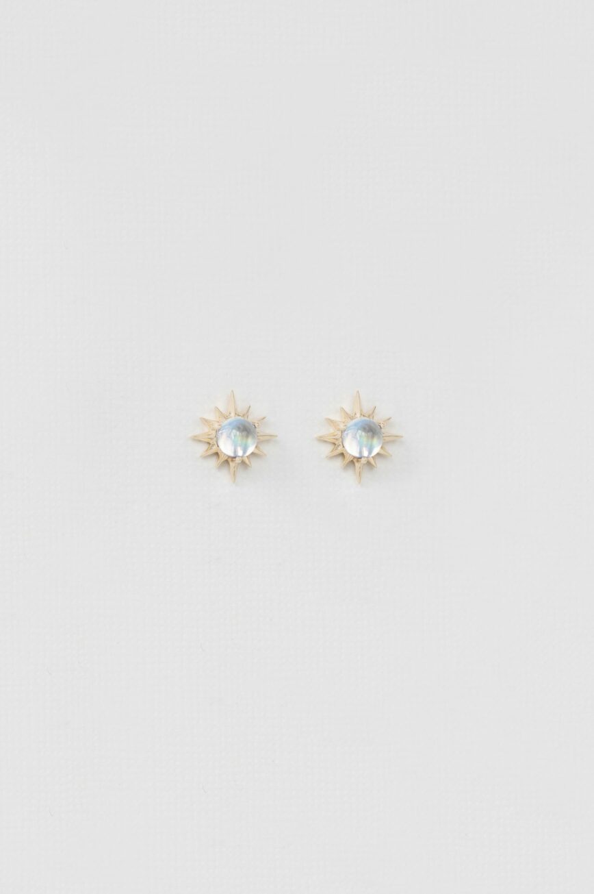 Yellow gold stud earrings round moonstone sun ray motif pair Celine Daoust