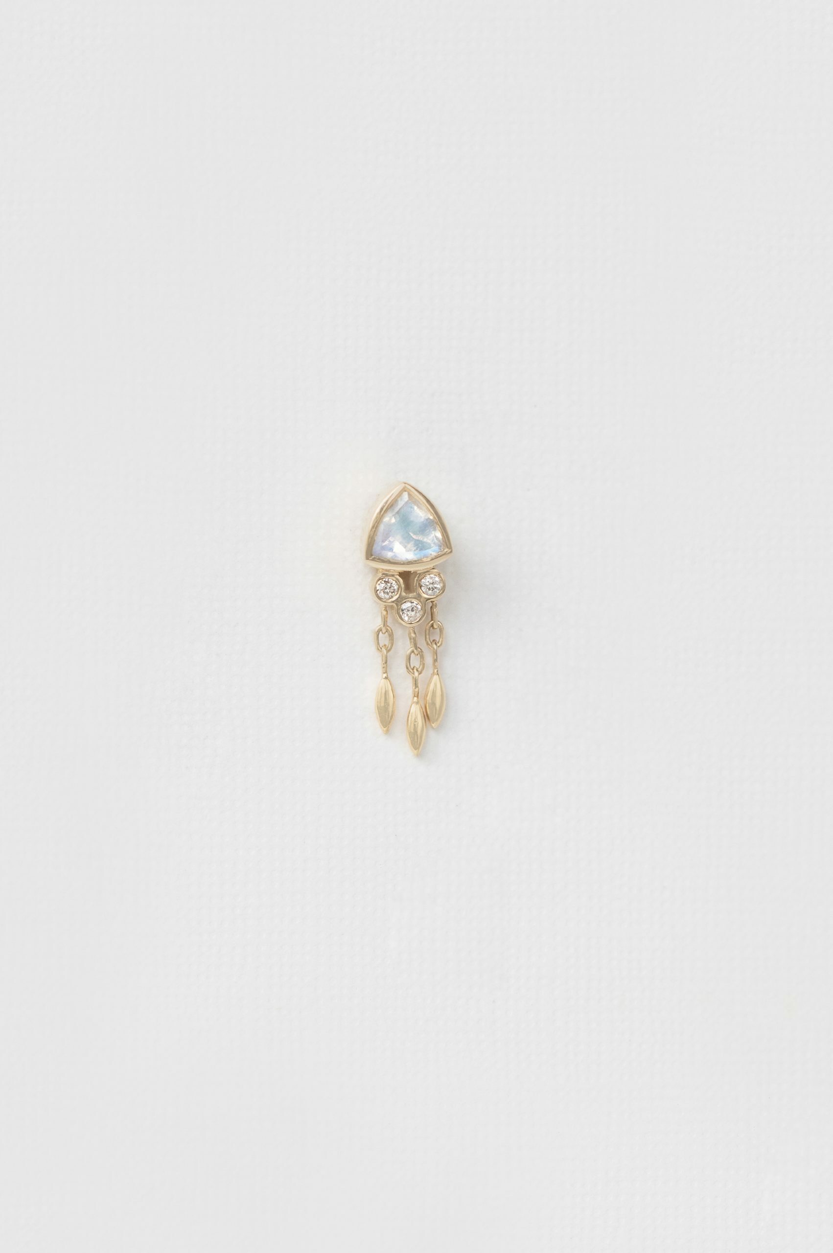 Yellow gold single drop earring trillion moonstone dangling diamond drops Celine Daoust