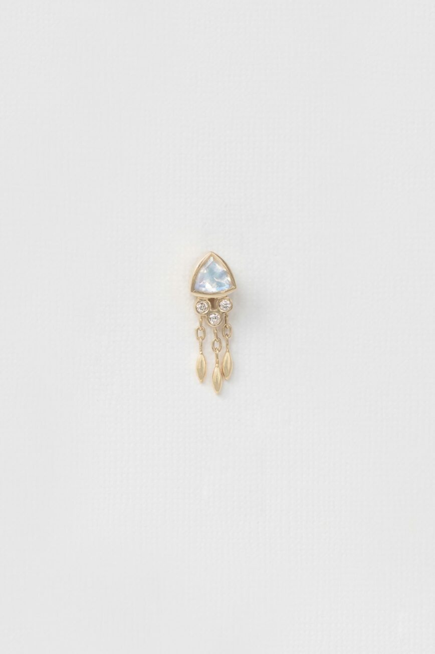 Yellow gold single drop earring trillion moonstone dangling diamond drops Celine Daoust