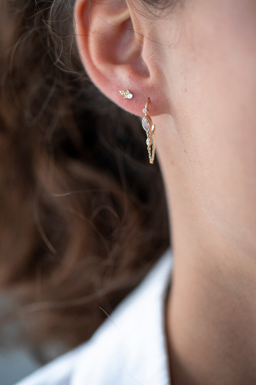 Gold hoop earring marquise moonstone eye motif diamond Céline Daoust