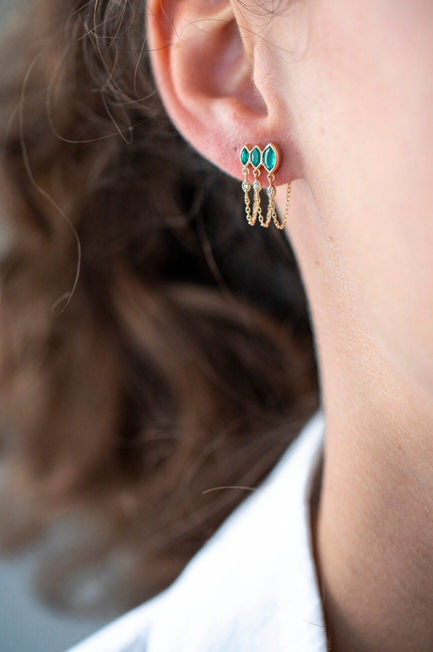 Yellow gold single stud earring triple marquise emerald chain fringe drop Celine Daoust