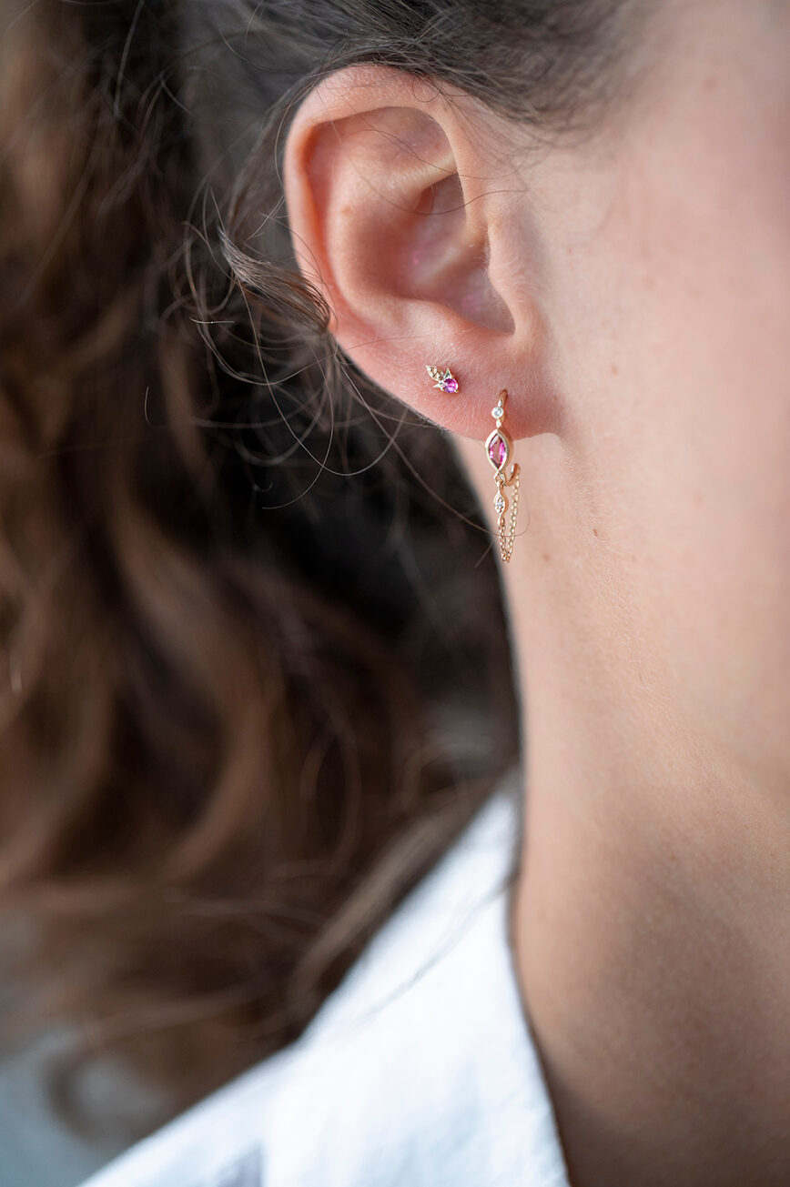 Yellow gold single stud earring small pink sapphire leaf charm drop Celine Daoust