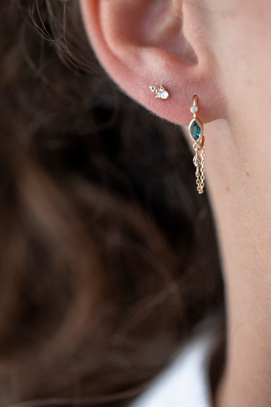 Yellow gold single stud earring rainbow moonstone leaf diamond accent Celine Daoust