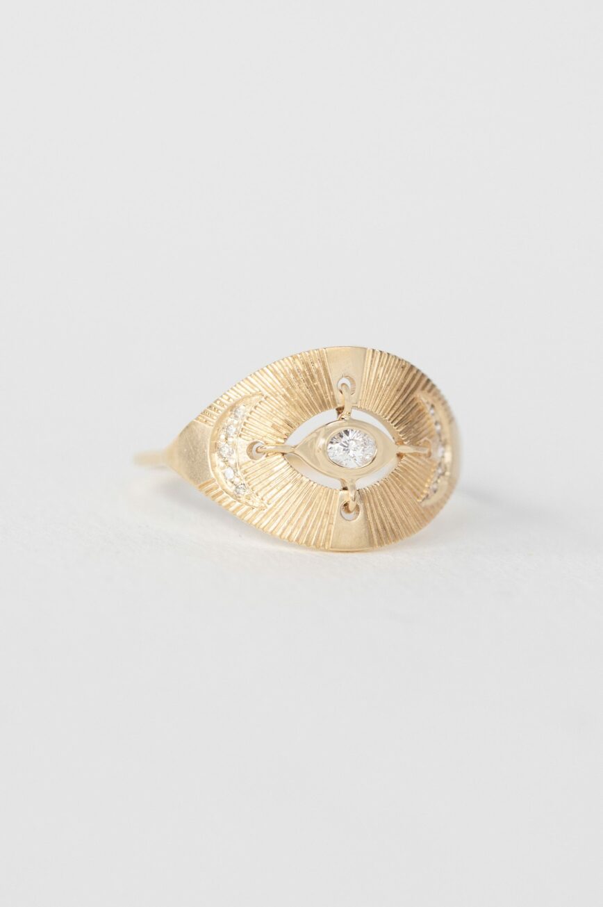 Yellow gold signet ring marquise diamond open eye engraved moon motif Celine Daoust