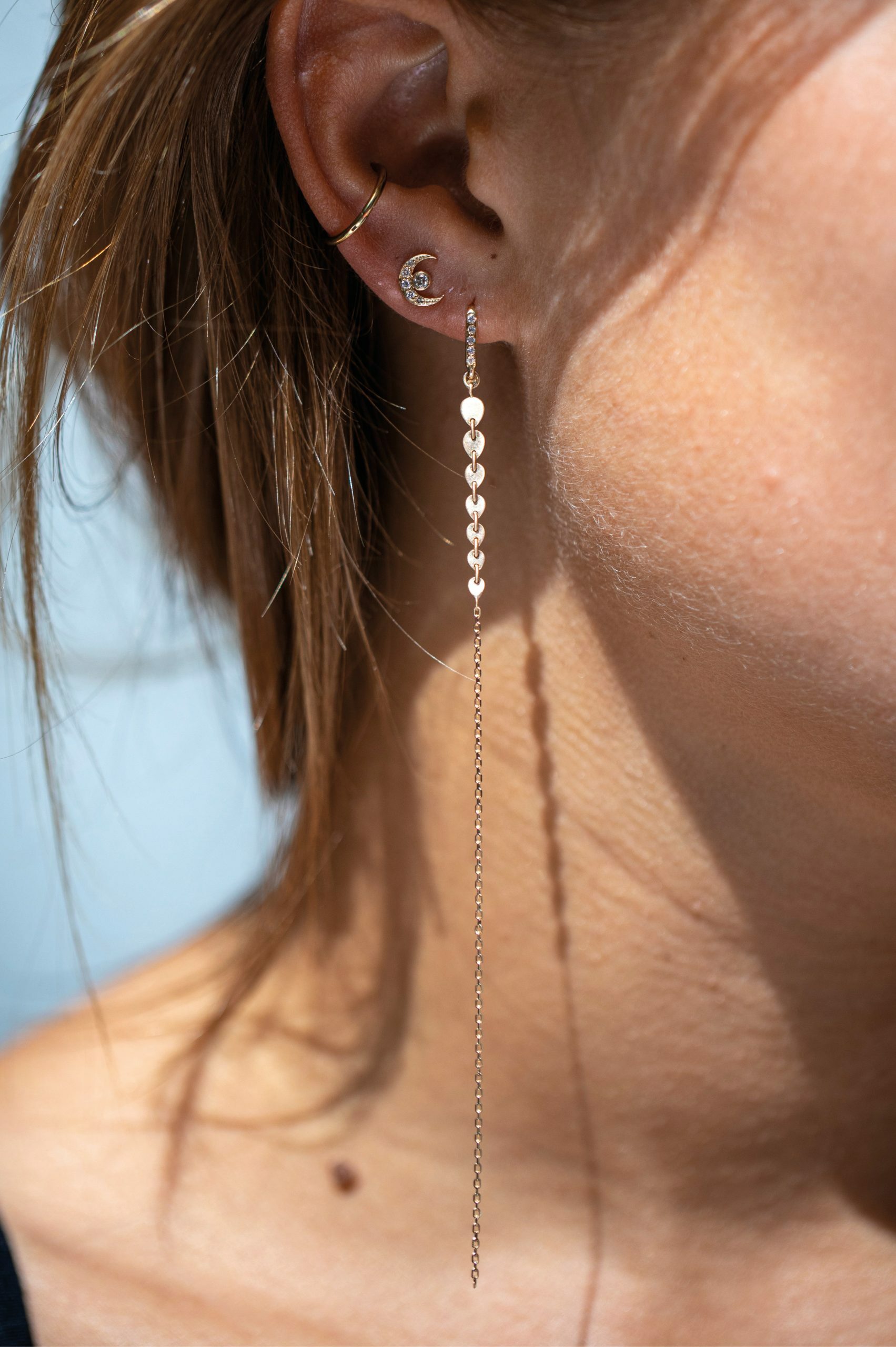 Yellow gold long chain earrings sculpted heart motif drop pair Celine Daoust