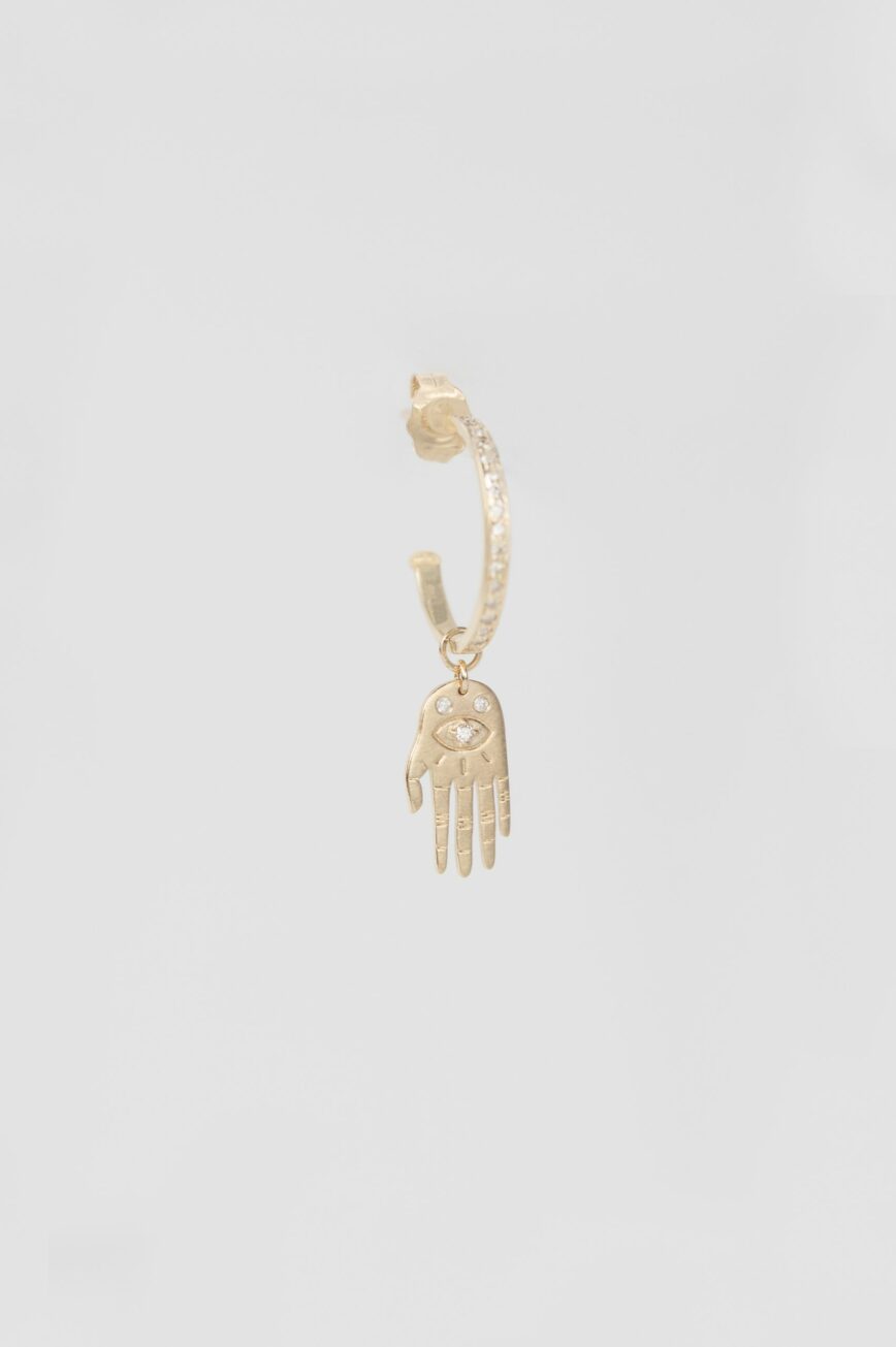 Yellow gold single hoop earring small sculpted hand charm diamond accent drop Celine Daoust