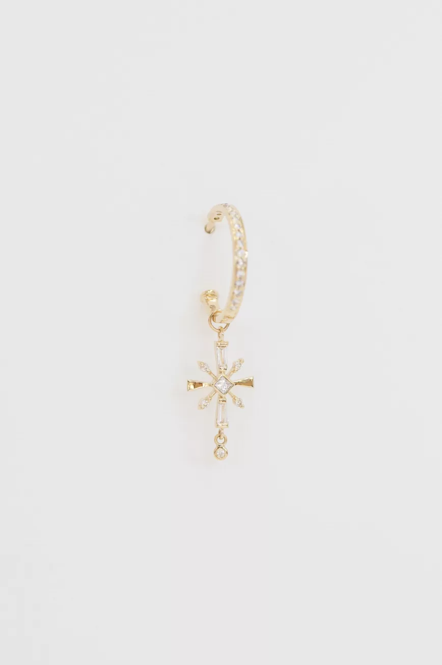 Yellow gold single hoop earring marquise triangle diamond cross charm drop worn on ear Celine Daoust