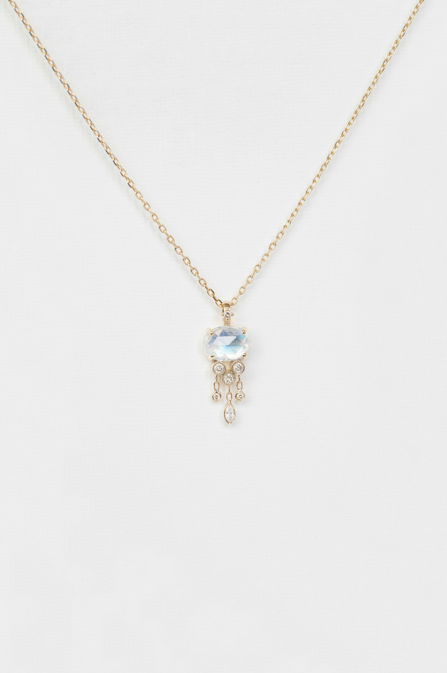 Yellow gold necklace oval moonstone rosecut dangling diamond drops jellyfish pendant Celine Daoust