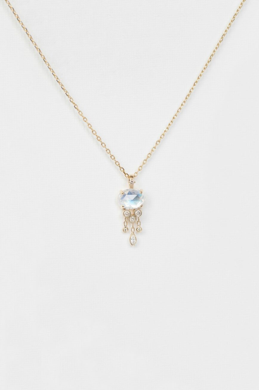 Yellow gold necklace oval moonstone rosecut dangling diamond drops jellyfish pendant Celine Daoust