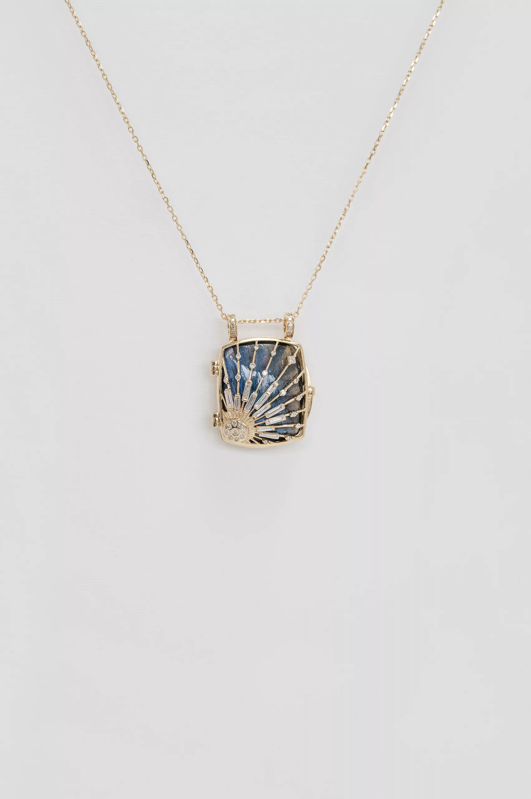 Yellow gold necklace rectangular labradorite locket pendant diamond sun motif Celine Daoust